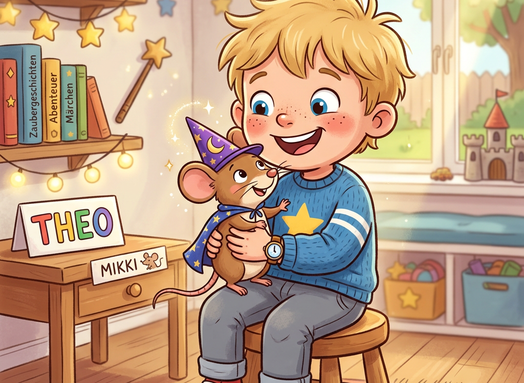 Theo holding Mikki, a mouse wearing a wizard hat, beside name cards