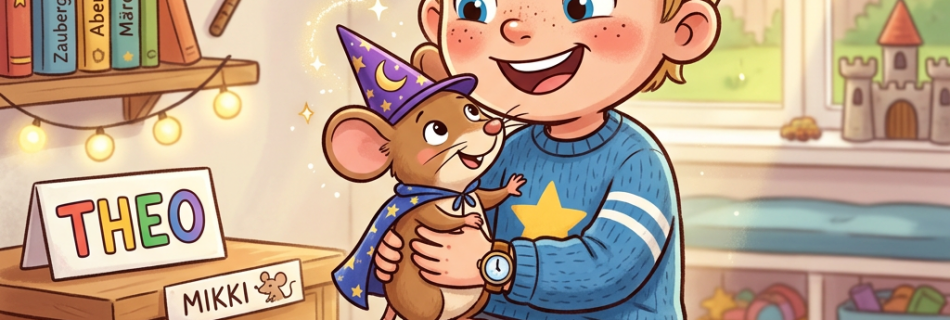 Theo holding Mikki, a mouse wearing a wizard hat, beside name cards